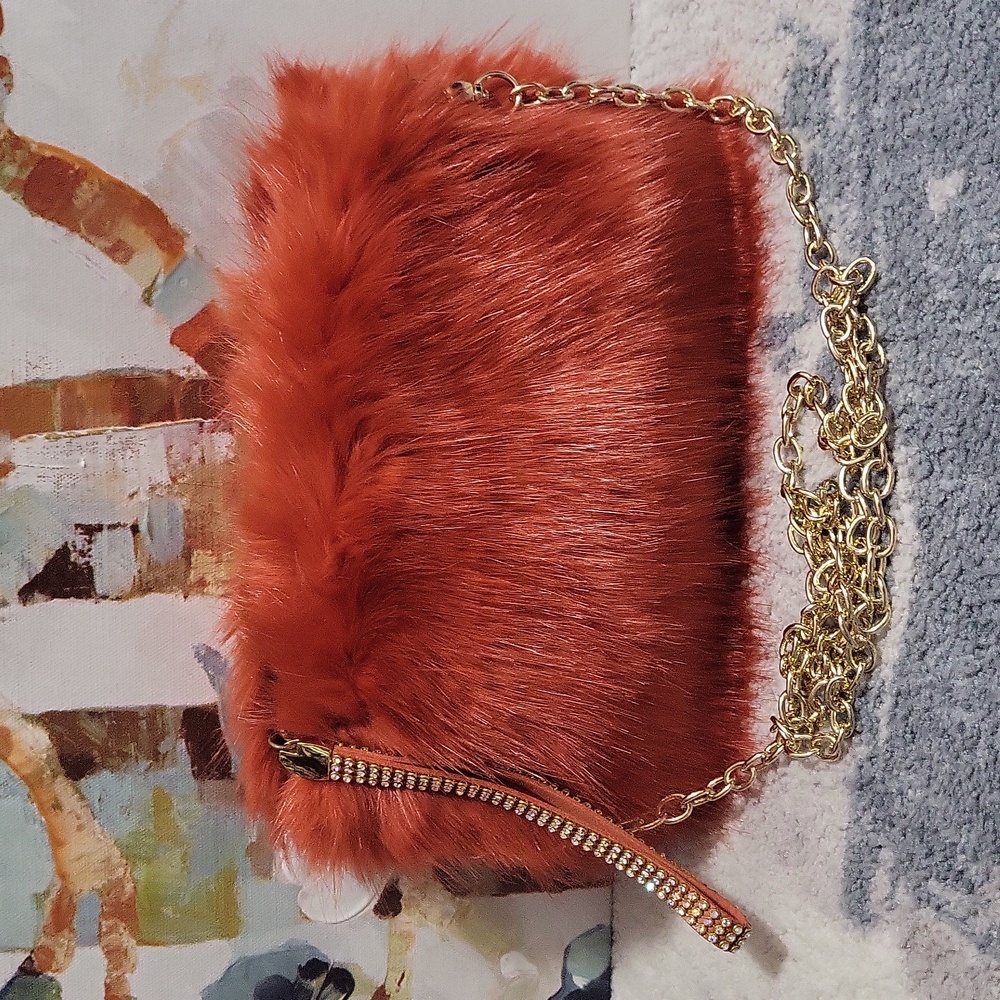 Terracotta orange faux fur wristlet/ crossbody bag